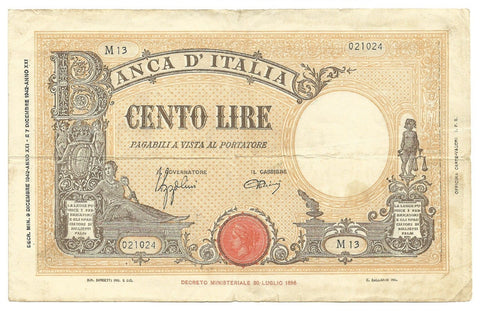 Italy Europe Banknote 100 Lire 1942 WW2 P-59 Grande B Fascio ITALIA VF Rare