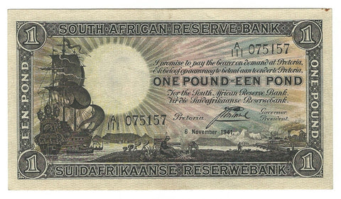 South Africa African Banknote 1 Pound Rare Year 1941 P-84e aAU Key Money Ship