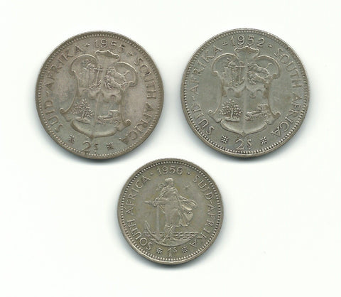 South Africa Silver Coin King George 2 Shillings 1952 + Elizabeth 2 1955 1956 NR