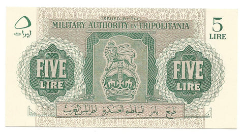 Libya Libyan Tripolitania Banknote 5 Lire 1943 P-M3 Original UNC Rare Money WW2