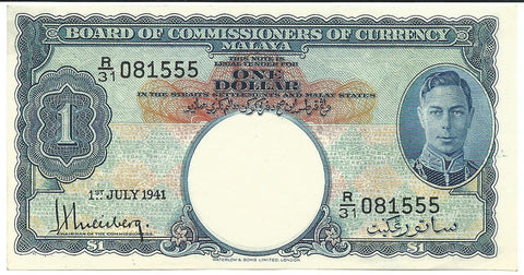 Malaya Malaysia Asia Banknote 1 Dollar 1941 P11 a UNC King George CRISP Rare Old