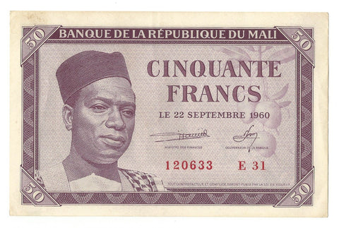 Mali Africa Banknote Money 50 Francs 1960 P-1 XF++ President Modibo Keita Rare