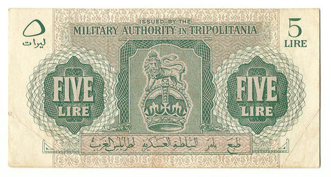 Libya Libyan Tripolitania Banknote 5 Lire 1943 P-M3 Original VF+ Rare Money WW2