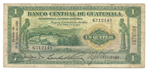 Guatemala Banknote 1 Quetzal 1938 P-14a F+ Bird Central America Old Money Rare