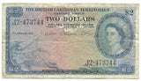 British Caribbean Territories Banknote 2 Dollars 1957 P8b F+ Rare Key Date Queen
