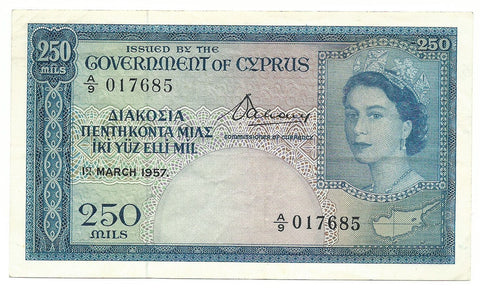 Cyprus Banknote 250 Mils 1957 P33 Key Date gVF++--aXF Queen Elizabeth Rare Free