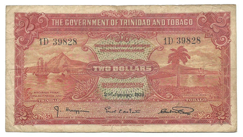 Trinidad & Tobago Banknote 2 Dollars 1939 P-6b WW2 Rare Old Paper Money Bargain