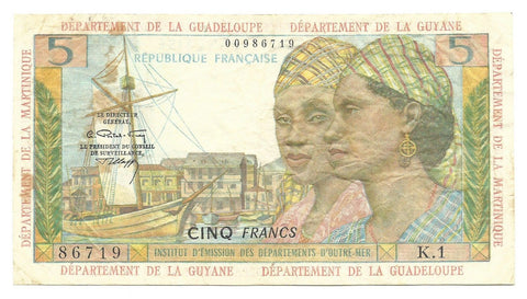 French Antilles Banknote Guyane Guadeloupe Martinique 5 Francs 1964 P7b Rare ND