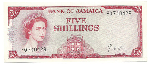 Jamaica Banknote Quenn Elizabeth 5 Shillings 1960 P51Ad a UNC AU