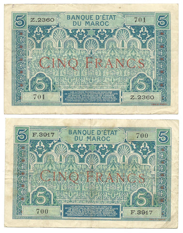 Morocco Maroc 2 Consecutive Banknotes PAIR French Rule France 5 Francs 1924 P-9