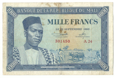 Mali Africa Banknote Money 1000 Francs 1960 P-4 aVF President Modibo Keita Rare
