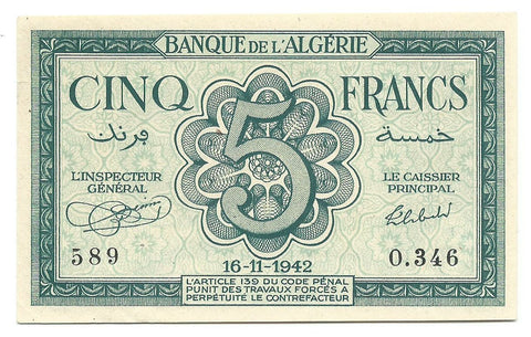 Algeria Algerie Rare Banknote 5 Francs France 1942 AU UNC P91 WW2 Free Shipping