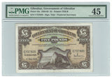 Gibraltar Banknote 5 Pounds 1965 P-19a Choice XF PMG 45 Rare Paper Money Old