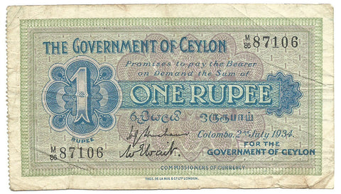 Ceylon Banknote 1 Rupee 1934 P16b Colombo Fine King George Era Rare Key Date Old