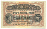 British East Africa Banknote 5 Shillings 1939 P-26a gXF Rare King George Key Old
