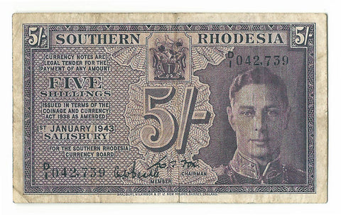 Southern Rhodesia Banknote 5 Shillings 1943 P-8a VF King George KGVI British Old