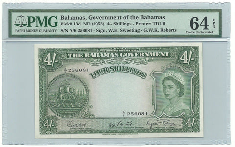 Bahamas Banknote Paper Money 4 Shillings 1953 P13d PMG UNC 64 Queen Elizabeth