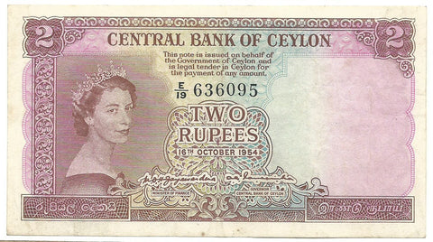 Ceylon Sri Lanka Asia Banknote 2 Rupees 1954 P50 aXF Queen Elizabeth Rare Old
