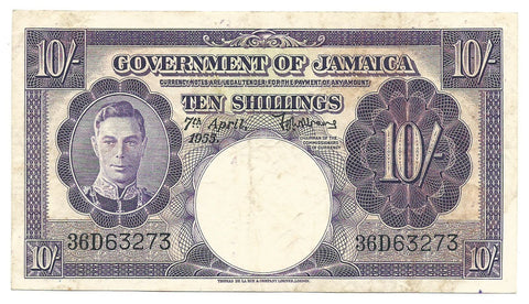 Jamaica British Banknote King George KGVI 10 Shillings 1955 P39 VF Rare