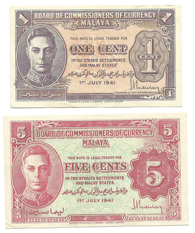 Malaya Straits Settlements Banknote Lot 1 5 Cents 1941 P-6 P-7 King George RARE