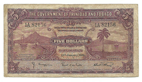 Trinidad & Tobago Banknote 5 Dollars 1939 P-7b WW2 Rare Old Paper Money Bargain