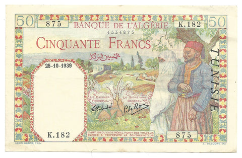 Algeria Tunisia Tunisie Banknote 50 Francs 1939 p12 Key Date VF-XF Rare Grade