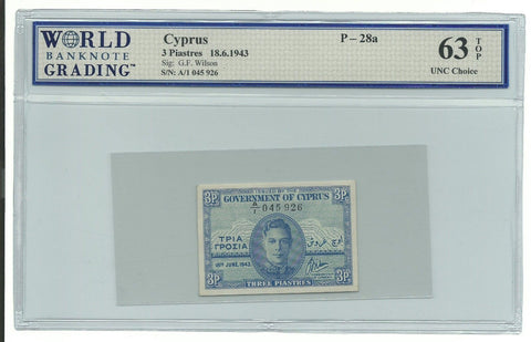 Cyprus Zypern Chypreb British Banknote 3 Piastres 1943 P-28a UNC King George Old