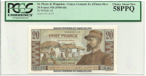 Saint Pierre and Miquelon Banknote 20 Francs ND 1950-1960 P24 PCGS AU58 PPQ Rare