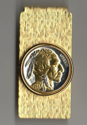 Gold and Silver on Silver Buffalo Nickel Coin 1937 Money Clip Gift + Box Free