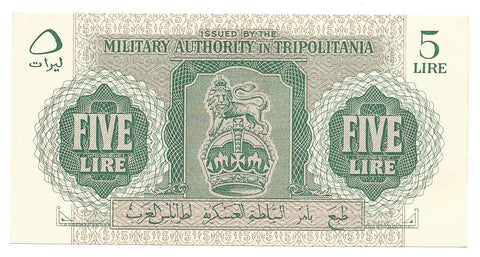 Libya Libyan Tripolitania Banknote 5 Lire 1943 P-M3 Original UNC Rare Money WW2