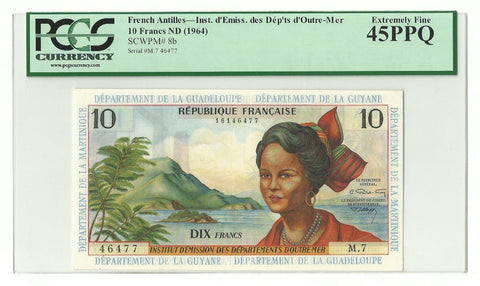 French Antilles Banknote Guyane Guadeloupe 10 Francs 1964 P8b PCGS XF45 PPQ Rare
