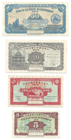 Macau Macao Ultramarino Bank Banknote Reminder Set Lot 50 20 10 5 Avos 1946 UNC